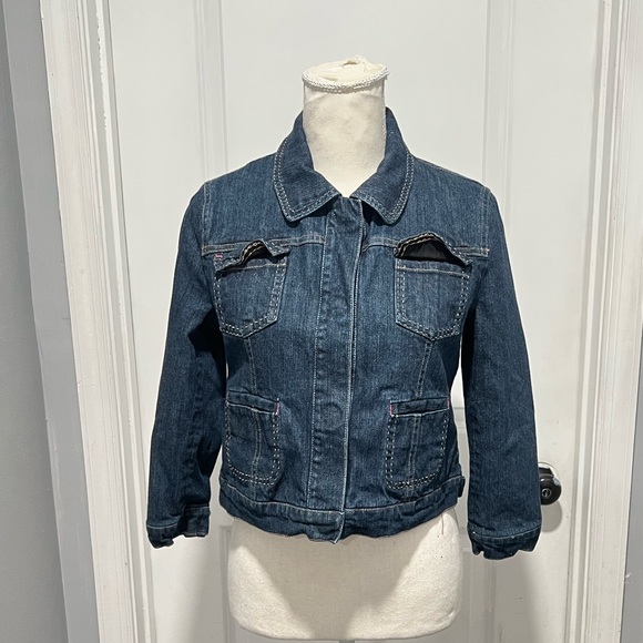Anthropology Luii blue pink denim jean jacket petite Large - Picture 1 of 11